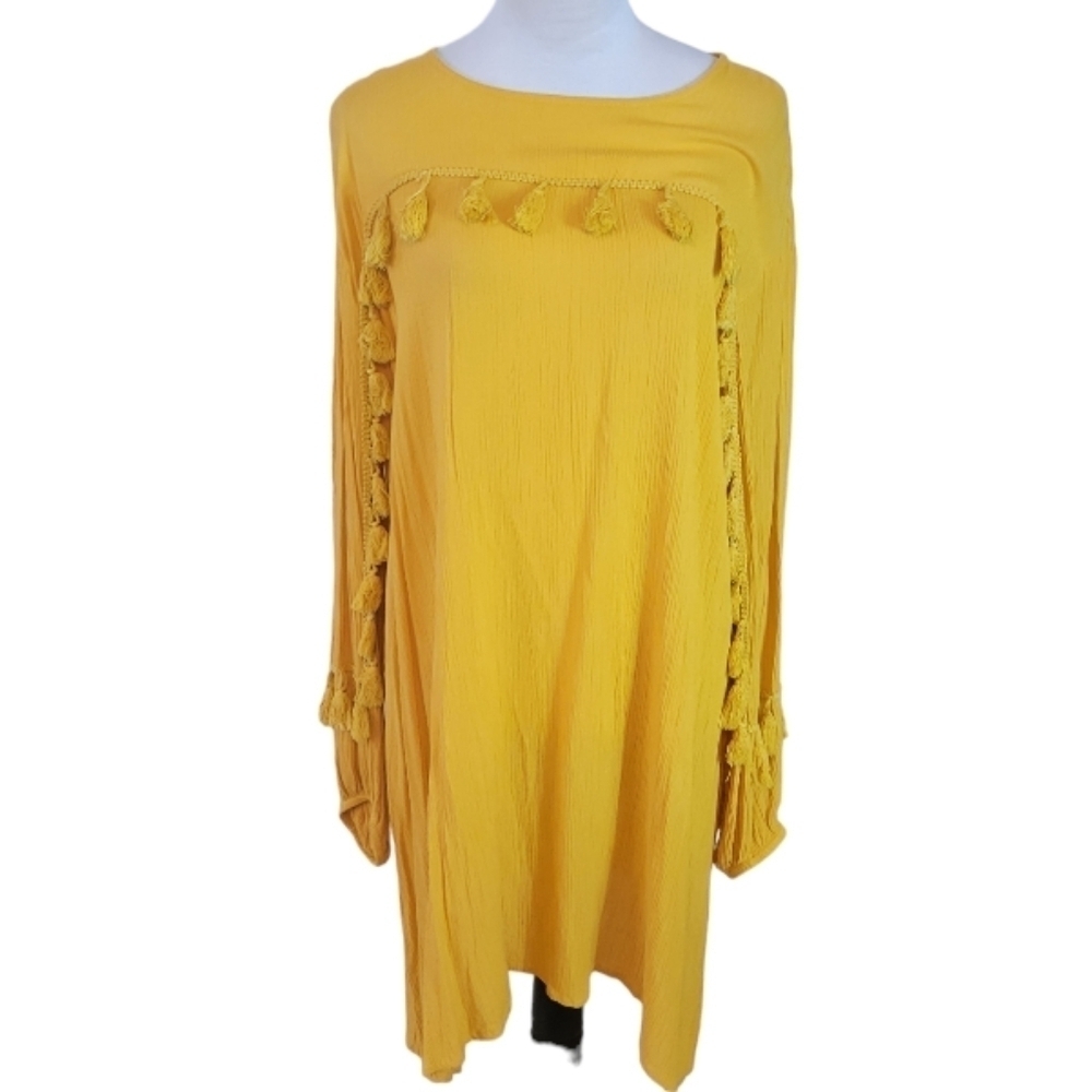 Boohoo Mustard Yellow Boho Tassel Shift Dress‎ Size 14